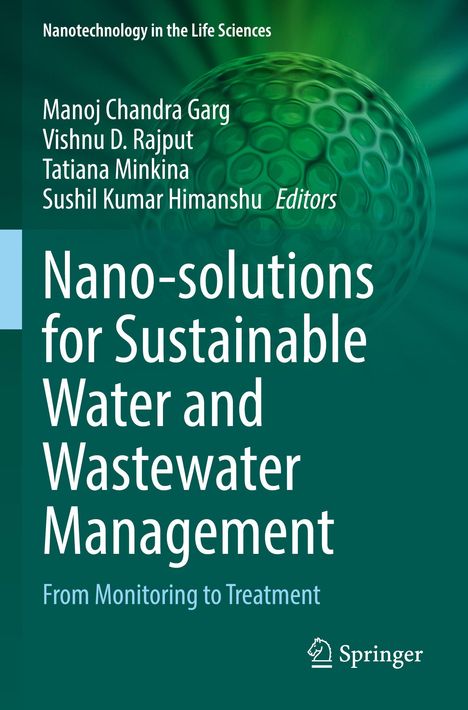 Text: "Nano-solutions for Sustainable Water and Wastewater Management." Grüner Hintergrund mit einem stilisierten Molekül.