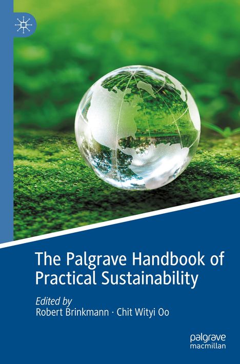 "The Palgrave Handbook of Practical Sustainability" steht in weiß auf blauem Untergrund, mit Erde auf grünem Moos.