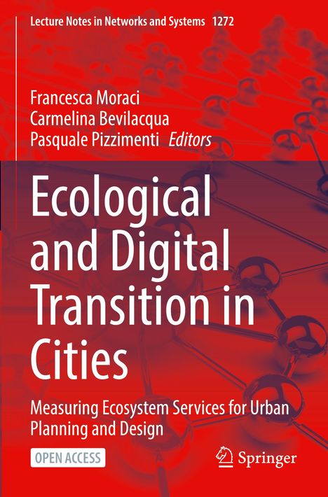 Text: "Ecological and Digital Transition in Cities." Darstellung von Netzwerkstrukturen in Rot. Springer-Logo unten rechts.