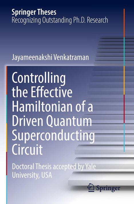 Der Text beschreibt eine Dissertation zur Steuerung des Hamiltonoperators in supraleitenden Quantenkreisen. Cover-Design mit Blautönen.