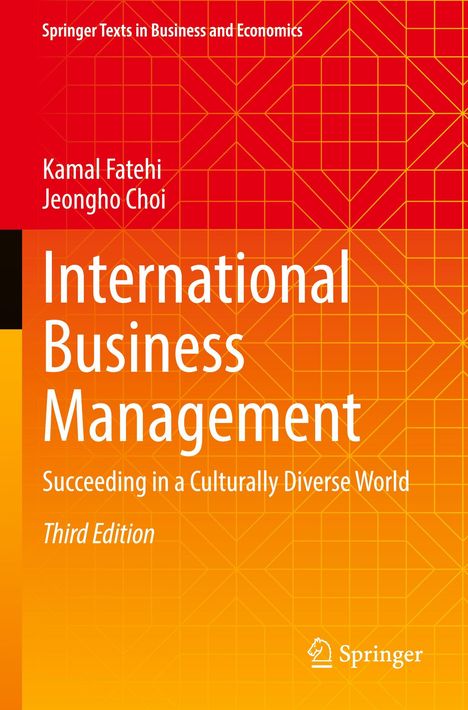 "International Business Management" von Kamal Fatehi, Jeongho Choi. Roter und orangener Hintergrund mit geometrischem Muster.
