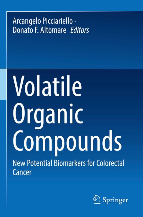Text: "Volatile Organic Compounds: New Potential Biomarkers for Colorectal Cancer". Blaue und weiße Buchcovergestaltung.