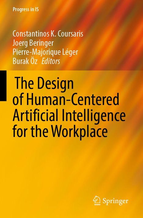 Text: "Progress in IS. The Design of Human-Centered Artificial Intelligence for the Workplace." Orange Hintergrund mit Autoren.