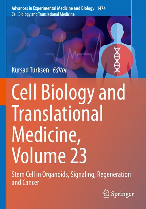 "Cell Biology and Translational Medicine, Volume 23" mit einem DNA-Symbol, menschliche Silhouette, Blasen im Hintergrund.
