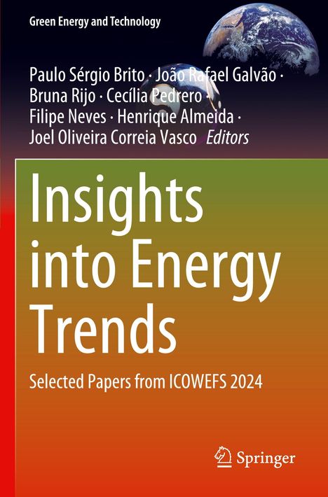 Titel: "Insights into Energy Trends". Autoren prominent erwähnt. Oben: Globus-Abbilder. Unten: Springer-Logo. Farbverlauf Hintergrund.