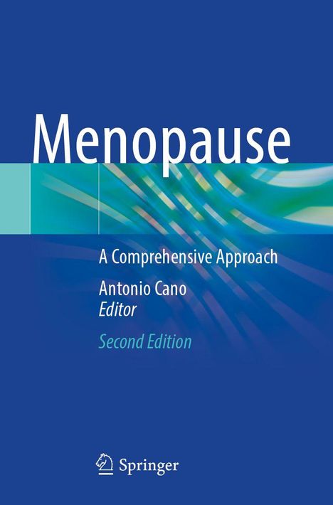 "Menopause: A Comprehensive Approach, Antonio Cano, Editor, Second Edition." Blaues Design mit abstrakten grünen Linien. Springer-Logo.
