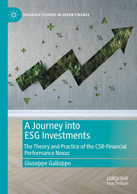 "A Journey into ESG Investments" von Giuseppe Galloppo. Geometrisches Design mit grün bewachsenem Zickzack-Pfeil.