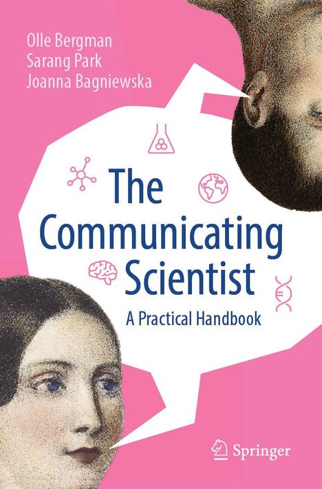 Buchtitel: "The Communicating Scientist". Rosa und weiße Farben, Gesichter aus alten Illustrationen, wissenschaftliche Symbole.
