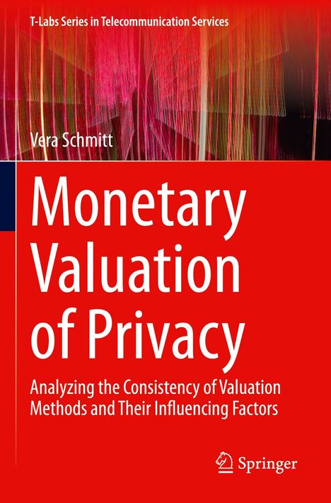 Rotes Buchcover mit dem Titel "Monetary Valuation of Privacy" von Vera Schmitt. Abstrakte bunte Linien im Hintergrund.