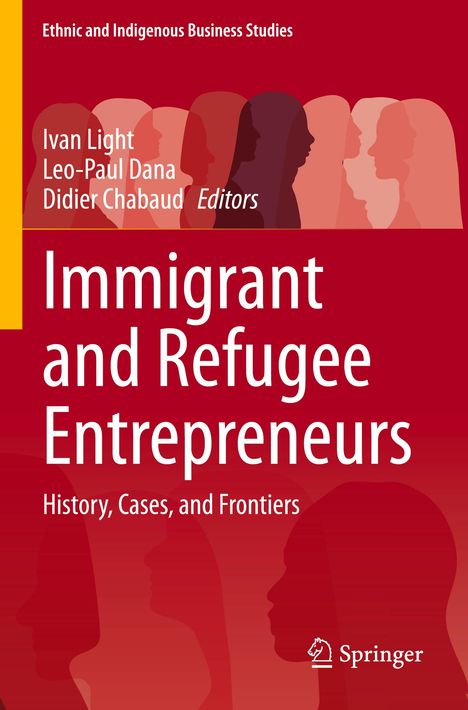 Titel: Immigrant and Refugee Entrepreneurs. Silhouetten von Gesichtern in warmen Farben, Springer-Logo unten.