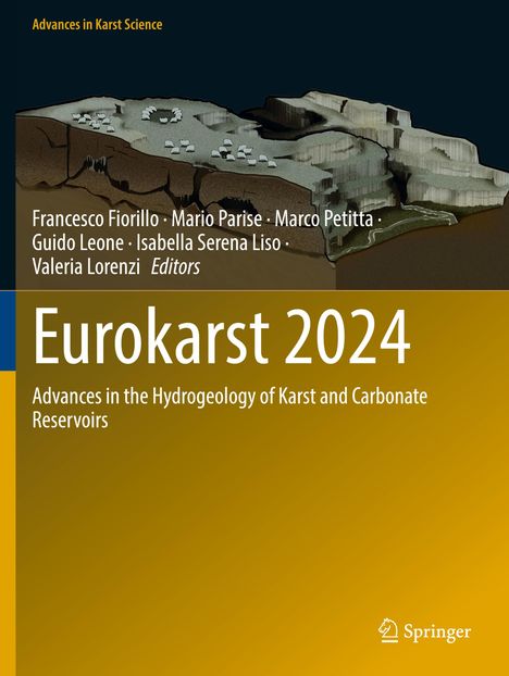 Titel: Eurokarst 2024. Oben eine Illustration eines Karstgebiets, unten goldener Hintergrund.