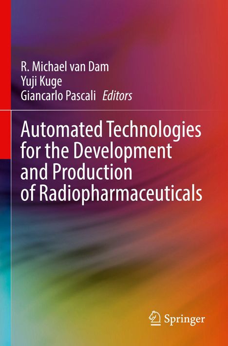 Titel: Automated Technologies for the Development and Production of Radiopharmaceuticals. Farbverlauf: Rot bis Blau.