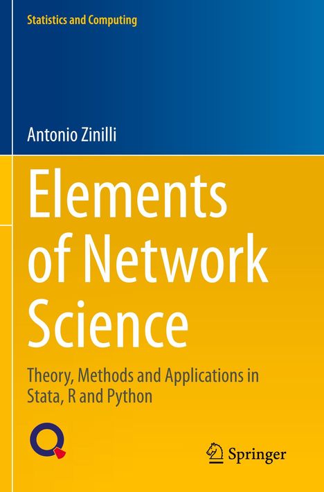 Buchtitel: "Elements of Network Science" von Antonio Zinilli. Farben: Blau und Gelb. Zwei Logos unten.