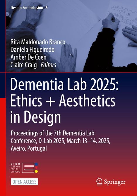 Titel: "Dementia Lab 2025: Ethics + Aesthetics in Design." Hände zeichnen auf Papier, roter Text-Hintergrund.