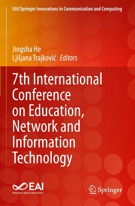 Text: "7th International Conference on Education, Network and Information Technology". Orange-roter Hintergrund. Logos unten.