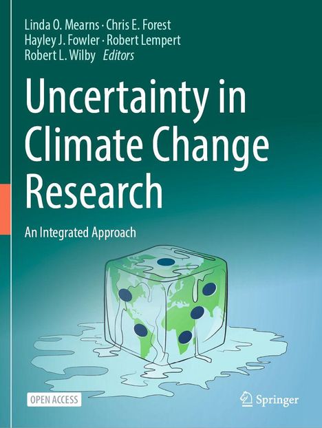 Buchtitel: "Uncertainty in Climate Change Research". Bild: schmelzender Eiswürfel mit Weltkartemuster als Würfel.