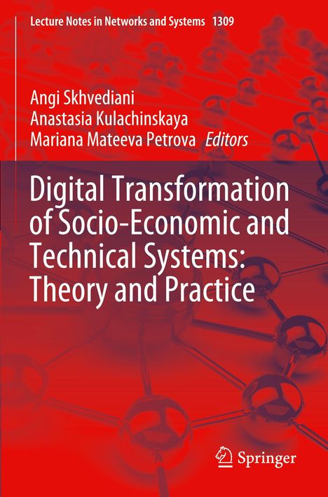 Roter Hintergrund mit vernetzten Kugeln, Titel: "Digital Transformation of Socio-Economic and Technical Systems".