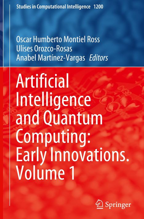 "Artificial Intelligence and Quantum Computing: Early Innovations. Volume 1" in roten und blauen Hintergrundfarben.