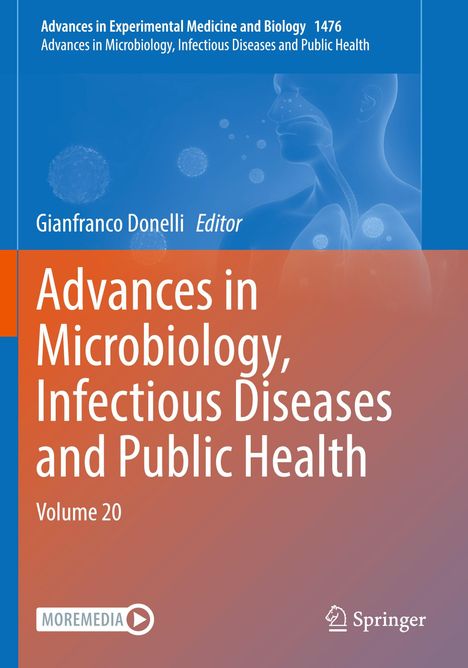 "Advances in Microbiology, Infectious Diseases and Public Health, Volume 20" vor blauem Hintergrund mit menschlichem Profil.