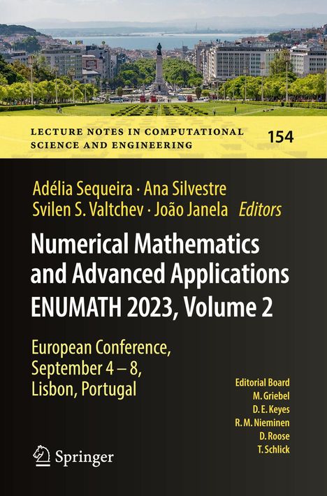 Numerical Mathematics Conferencebuch, EUROMATH 2023, Lissabon. Stadtansicht, Park und Statue im Hintergrund.