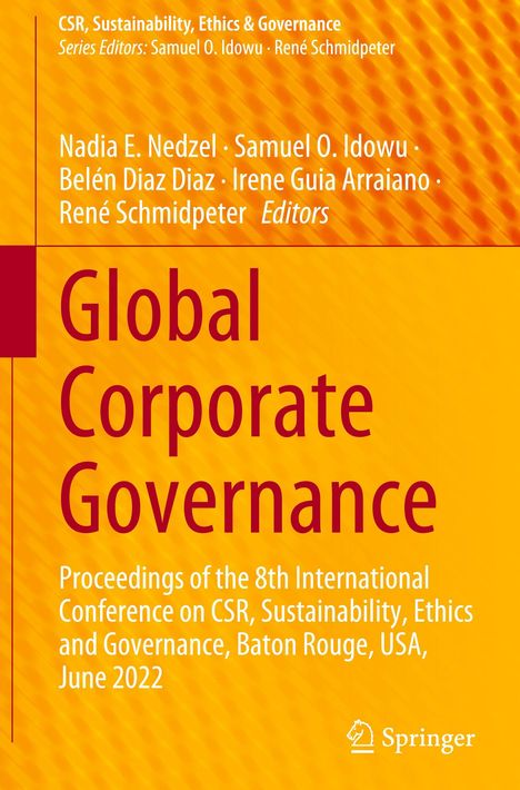 Gelbes Cover, Text: "Global Corporate Governance", Namen von Redakteuren und Konferenzdetails. Springer-Logo unten rechts.