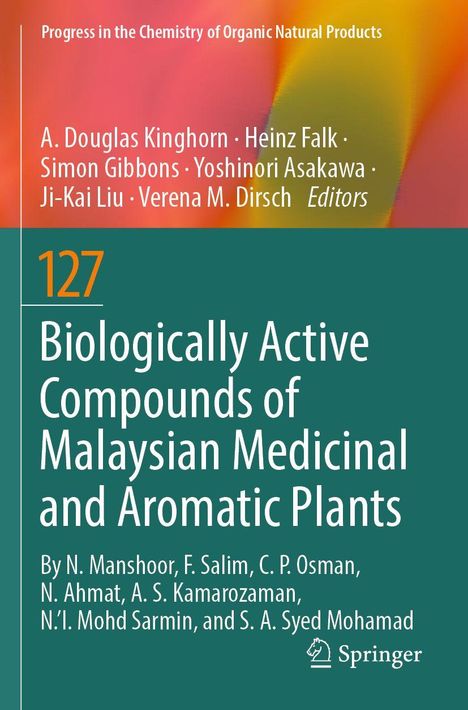 Text: "Biologically Active Compounds of Malaysian Medicinal and Aromatic Plants" von N. Manshoor und anderen. Grüner Hintergrund.