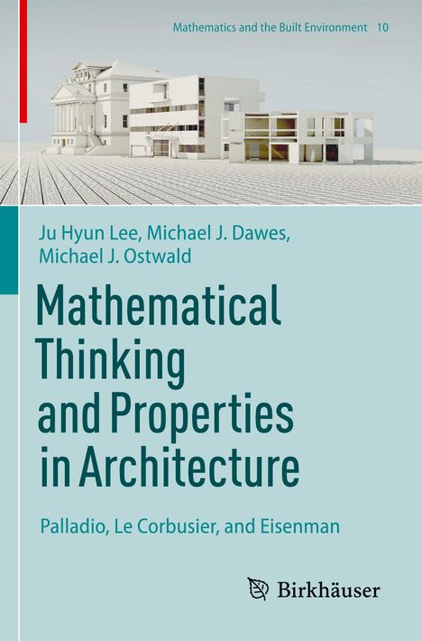 "Mathematical Thinking and Properties in Architecture." Illustration: Geometrische Gebäude vor blauem Himmel.