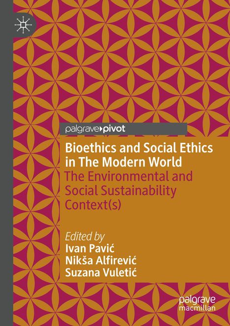 „Bioethics and Social Ethics in The Modern World“. Geometrisches Muster mit rot-orangefarbenen Blumen.