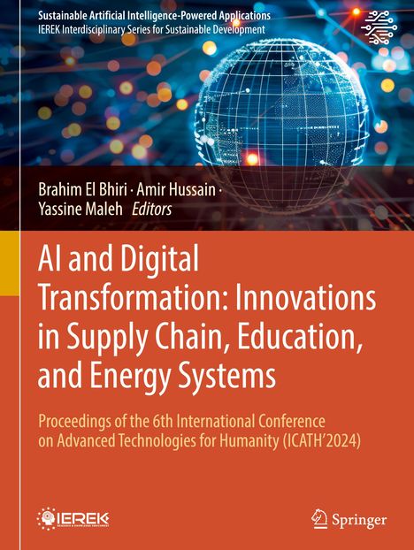 Buchtitel: "AI and Digital Transformation". Ein leuchtendes Netzwerk und Globus als Illustration im Hintergrund.