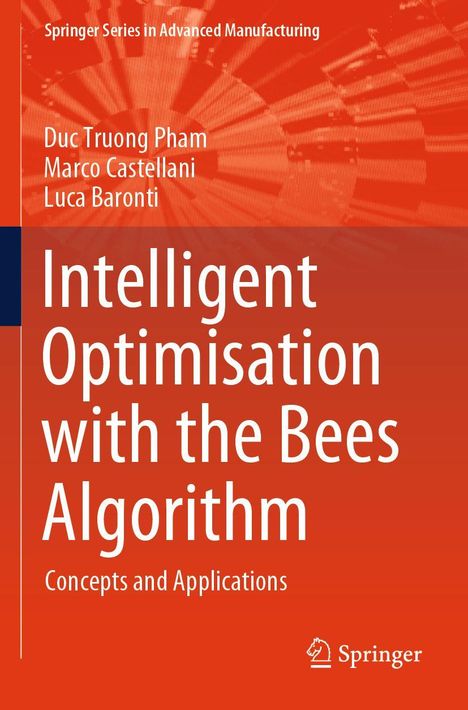 Covertext: "Intelligent Optimisation with the Bees Algorithm", Autoren oben. Roter Hintergrund mit stilisiertem Muster. Springer-Logo.