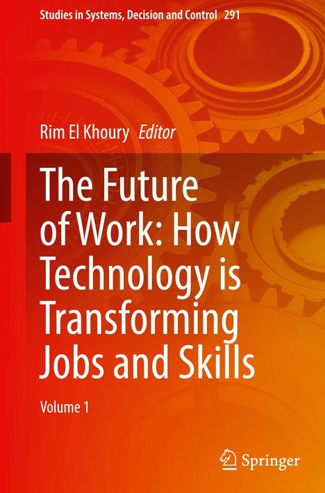 "The Future of Work: How Technology is Transforming Jobs and Skills. Rotes Cover mit Zahnrädern als Hintergrund."