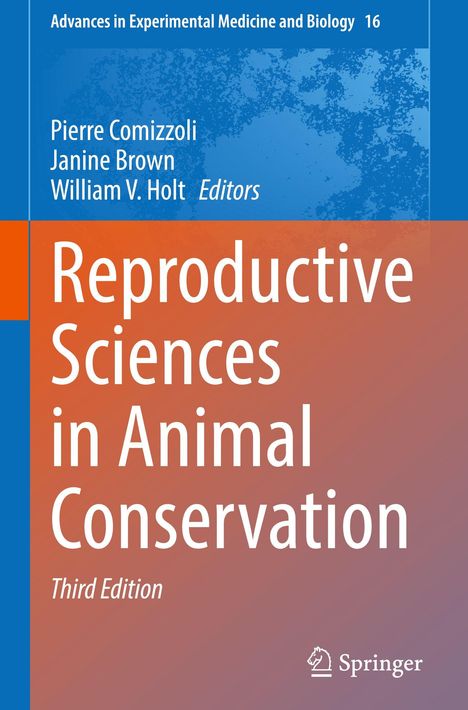 Blau-orangene Buchcover-Vorderseite, Titel "Reproductive Sciences in Animal Conservation", Springer-Logo unten.