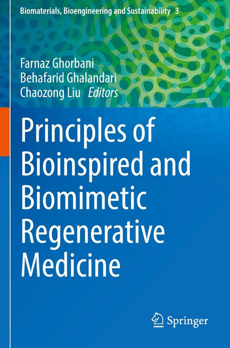 Buchtitel: "Principles of Bioinspired and Biomimetic Regenerative Medicine". Grüne Muster und blaues Layout, Springer-Logo.