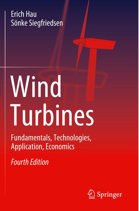 Erich Hau, Sönke Siegfriedsen, Wind Turbines, Fourth Edition. Illustration einer roten Windturbine auf blau-rotem Hintergrund.
