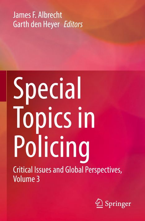 Buchcover mit dem Text „Special Topics in Policing“ vor einem abstrakt rosa-orangefarbenem Hintergrund.