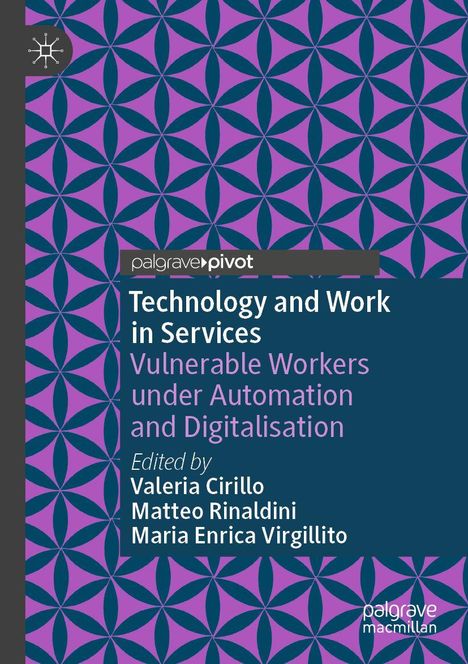 "Technology and Work in Services" behandelt gefährdete Arbeiter*innen bei Automatisierung. Blauer geometrischer Hintergrund.