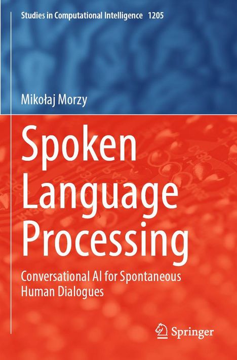 Text: "Spoken Language Processing: Conversational AI for Spontaneous Human Dialogues". Hintergrund in Blau und Rot.
