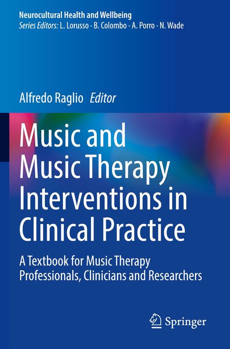 Titel: "Music and Music Therapy Interventions in Clinical Practice". Blaue Farbverläufe mit Springer-Logo.