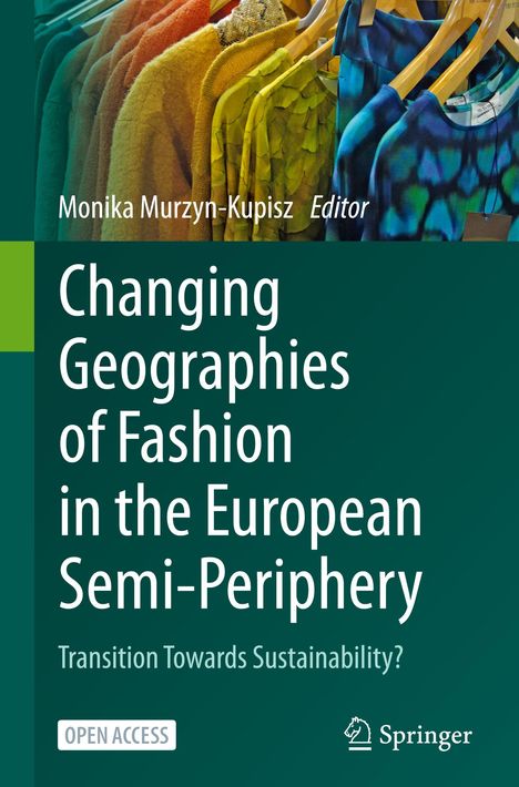 „Changing Geographies of Fashion“ Buchcover, Kleidung auf Bügeln in verschiedenen Farben, Springer-Logo.