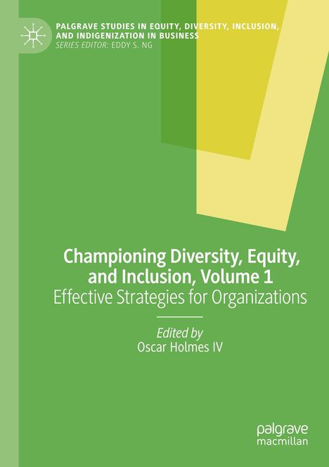 Text: "Championing Diversity, Equity, and Inclusion, Volume 1". Design: Grüntöne mit überlappenden Rechtecken.