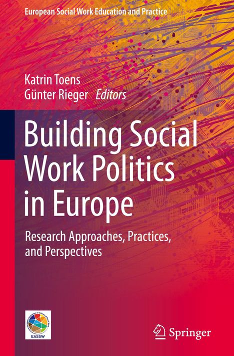 Titel: "Building Social Work Politics in Europe". Roter Hintergrund mit bunten, abstrakten Strichen. Springer-Logo unten.