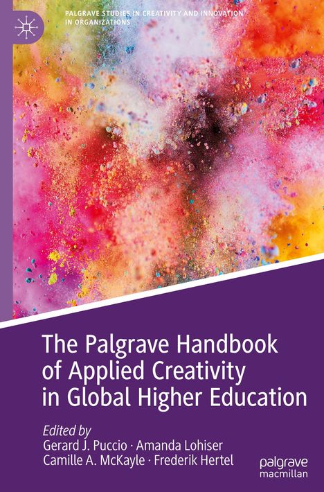 "The Palgrave Handbook of Applied Creativity in Global Higher Education." Bunte Farbexplosion im Hintergrund.