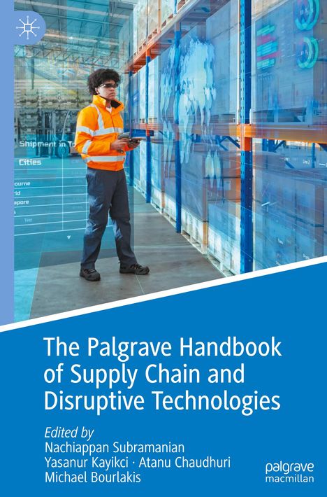 "The Palgrave Handbook of Supply Chain and Disruptive Technologies" ist der Titel. Ein Arbeiter mit VR-Brille in Lagerumgebung.