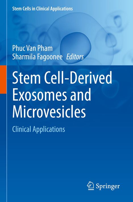 Ein blaues Buchcover mit dem Titel "Stem Cell-Derived Exosomes and Microvesicles: Clinical Applications". Links ein oranger Streifen.