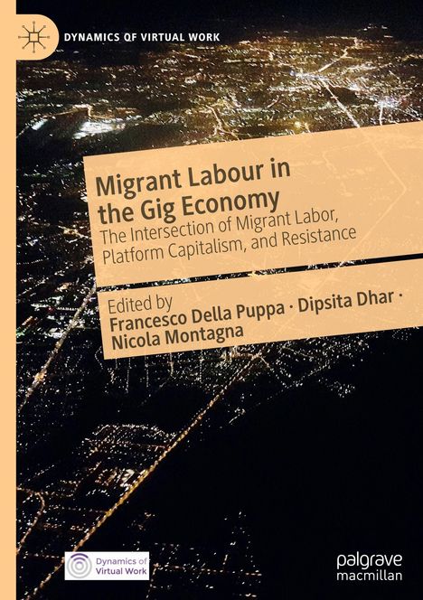 „Migrant Labour in the Gig Economy“ und Namen der Autoren. Ansicht einer beleuchteten Stadt bei Nacht aus der Luft.