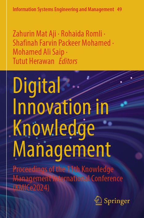 Text: Digital Innovation in Knowledge Management. Gelber Hintergrund oben, unten Lichteffekte. Springer-Logo.