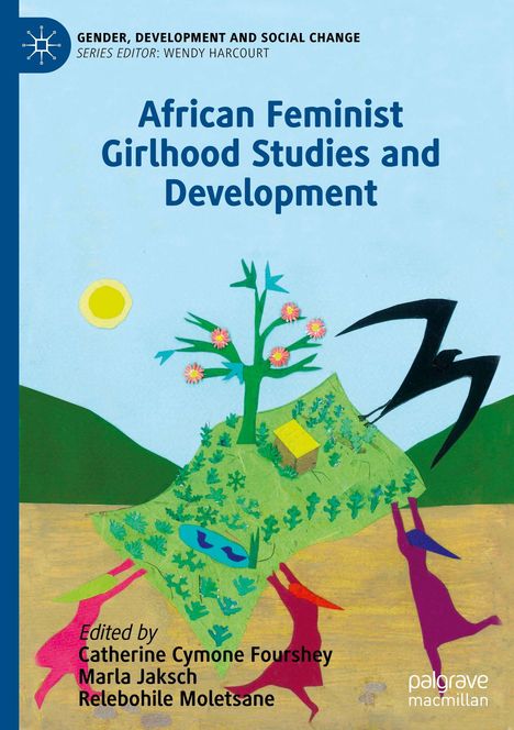 Text: "African Feminist Girlhood Studies and Development." Illustration: Menschen, die eine grüne Insel mit Baum halten.