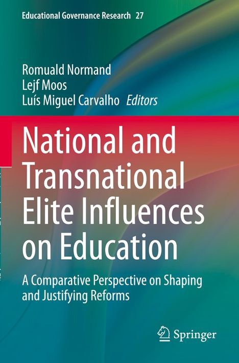 Text: "National and Transnational Elite Influences on Education." Bunte Farbverläufe im Hintergrund.