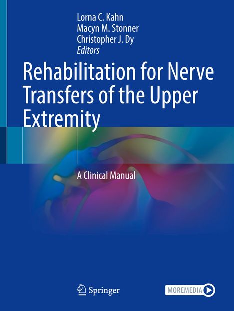 Text: Rehabilitation for Nerve Transfers of the Upper Extremity. Buntes, abstraktes Design mit Springer-Logo und "MOREMEDIA".