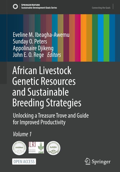 "African Livestock Genetic Resources and Sustainable Breeding Strategies. Bunte vertikale Streifen, Logos unten."
